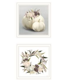 "BOHO Pumpkins and Flowers" 2-Piece Vignette by House Fenway; Ready to Hang Framed Print; White Frame