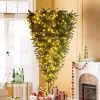 Upside Down Green Christmas Tree; Xmas Tree with LED Warm White Lights; Green leaves with part spraying White; Reinforced Metal Base &amp; Easy Assemb