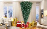 Upside Down Green Christmas Tree; Xmas Tree with LED Warm White Lights; Green leaves with part spraying White; Reinforced Metal Base &amp; Easy Assemb