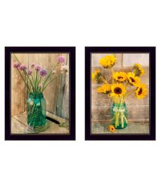 "Country Sunflowers & Chives" 2-Piece Vignette by Anthony Smith; Ready to Hang Framed Print; Black Frame (Color: as Pic)