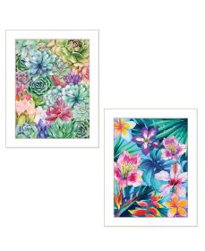 "Succulents Paradise & Tropical Flowers" 2-Piece Vignette by Stellar Design Studio; Ready to Hang Framed Print; White Frame (Color: as Pic)